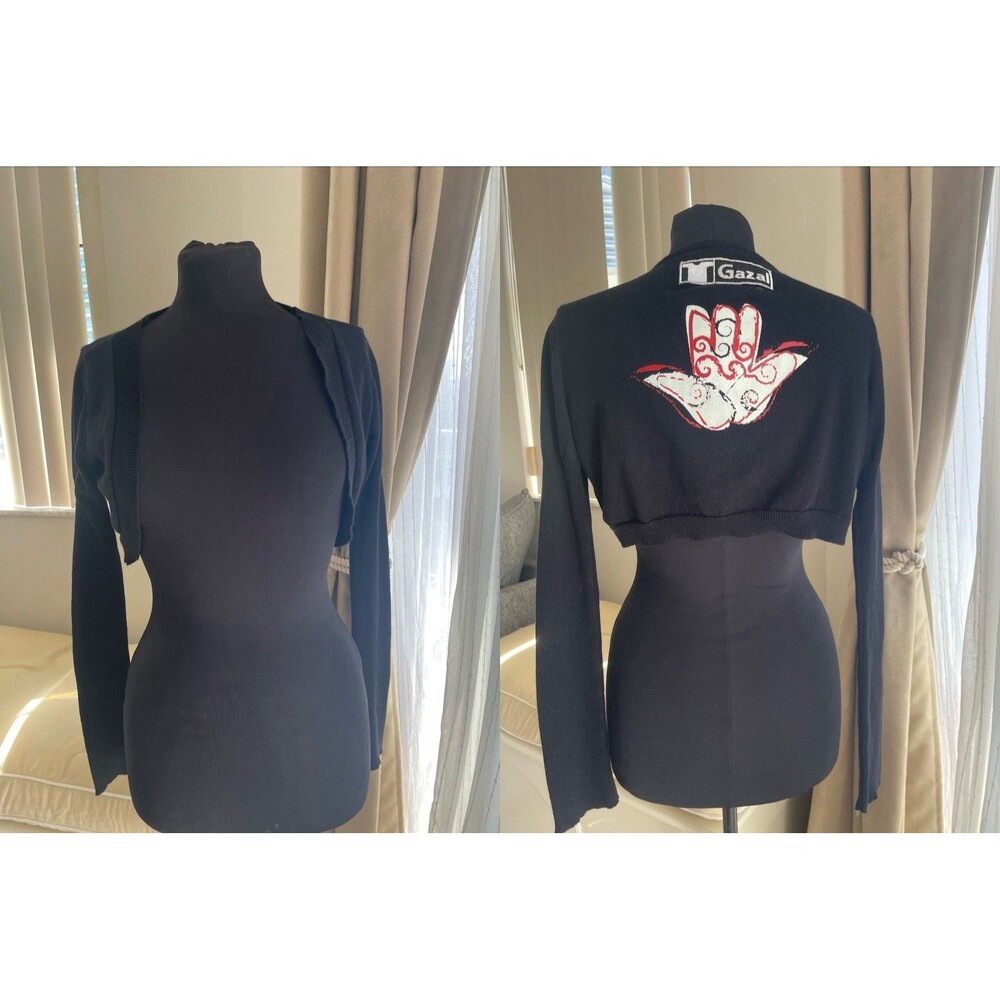 Gazal Bolero Shrug Open Front Long Sleeve Cropped Cardigan Black Hamsa Hand S